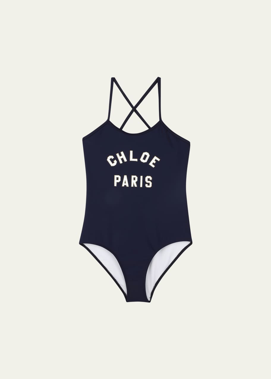 Image 1 of 1: Girl's One Piece Logo-Print Swimsuit, Size 4-6