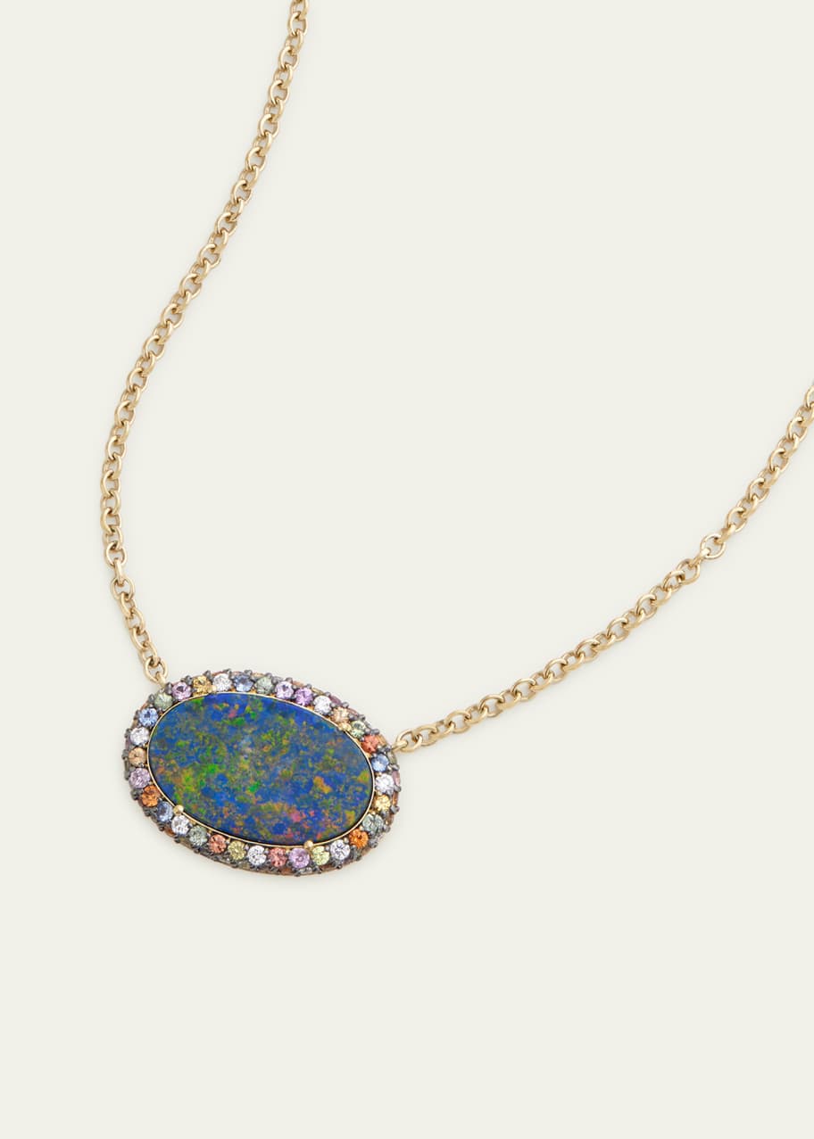 Image 1 of 1: 18K Yellow Gold Opal Necklace with Blackened Multicolor Sapphires and Diamonds