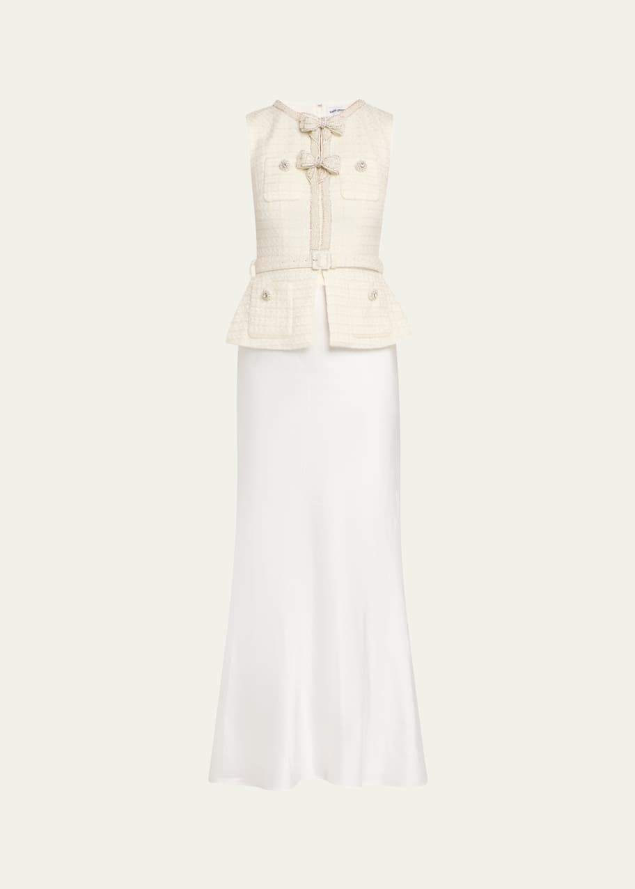Image 1 of 1: Embellished Boucle Mixed-Media Midi Dress