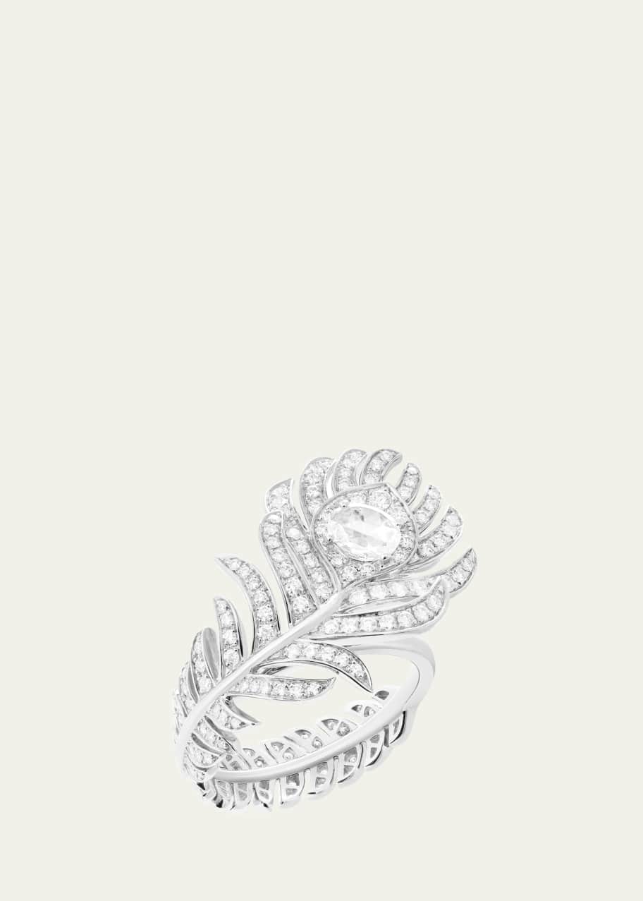Image 1 of 1: Small 18K White Gold Plum de Paon Feather Ring with Diamonds