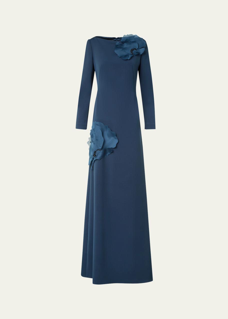 新品タグ付き✨Anemone Cache-Coeur Long Dress M Akris Organza Anemone Corsage Long-Sleeve Crepe Gown - Bergdorf