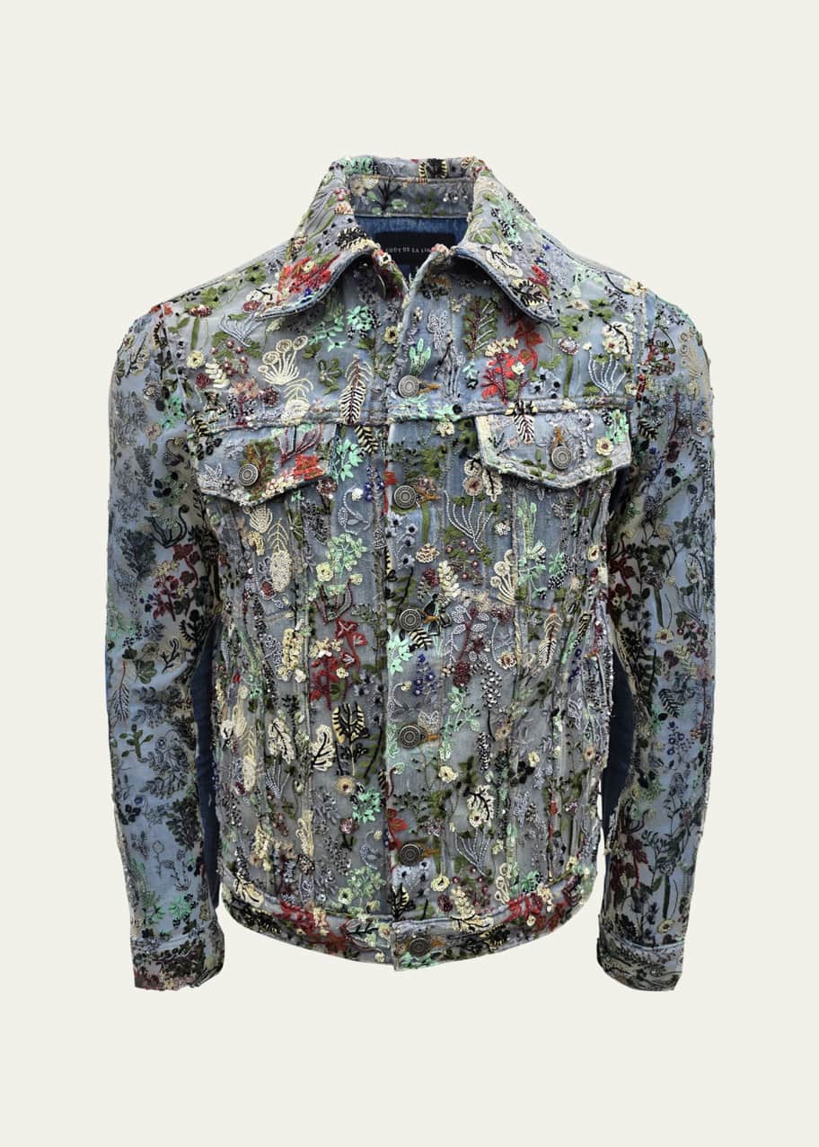 Image 1 of 1: Men's Floral Sequin Denim Trucker Jacket
