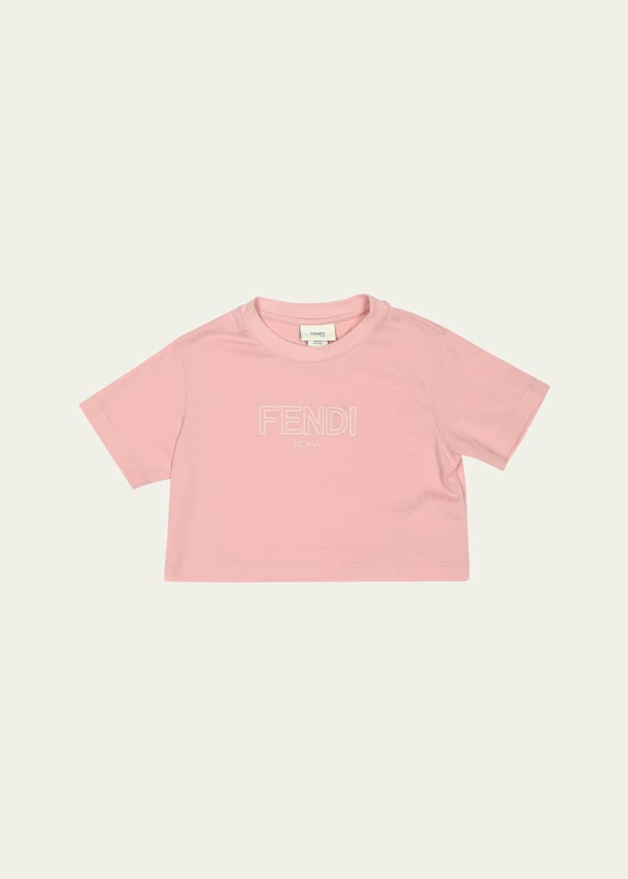 Image 1 of 1: Girl's Cropped Logo Embroidered T-Shirt, Size 3-6