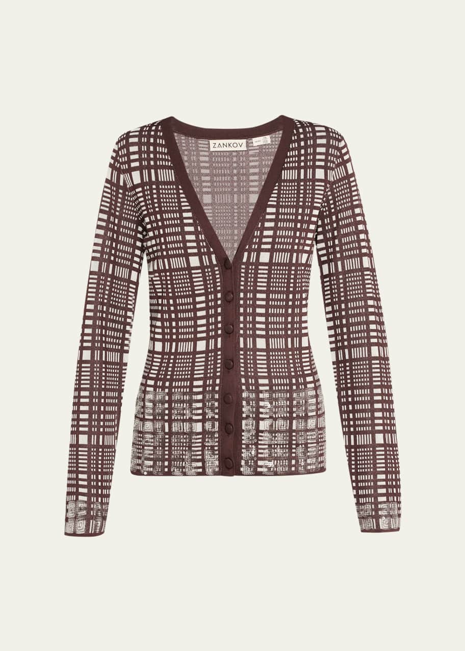 Image 1 of 1: Elise Sequined Check V-Neck Cardigan