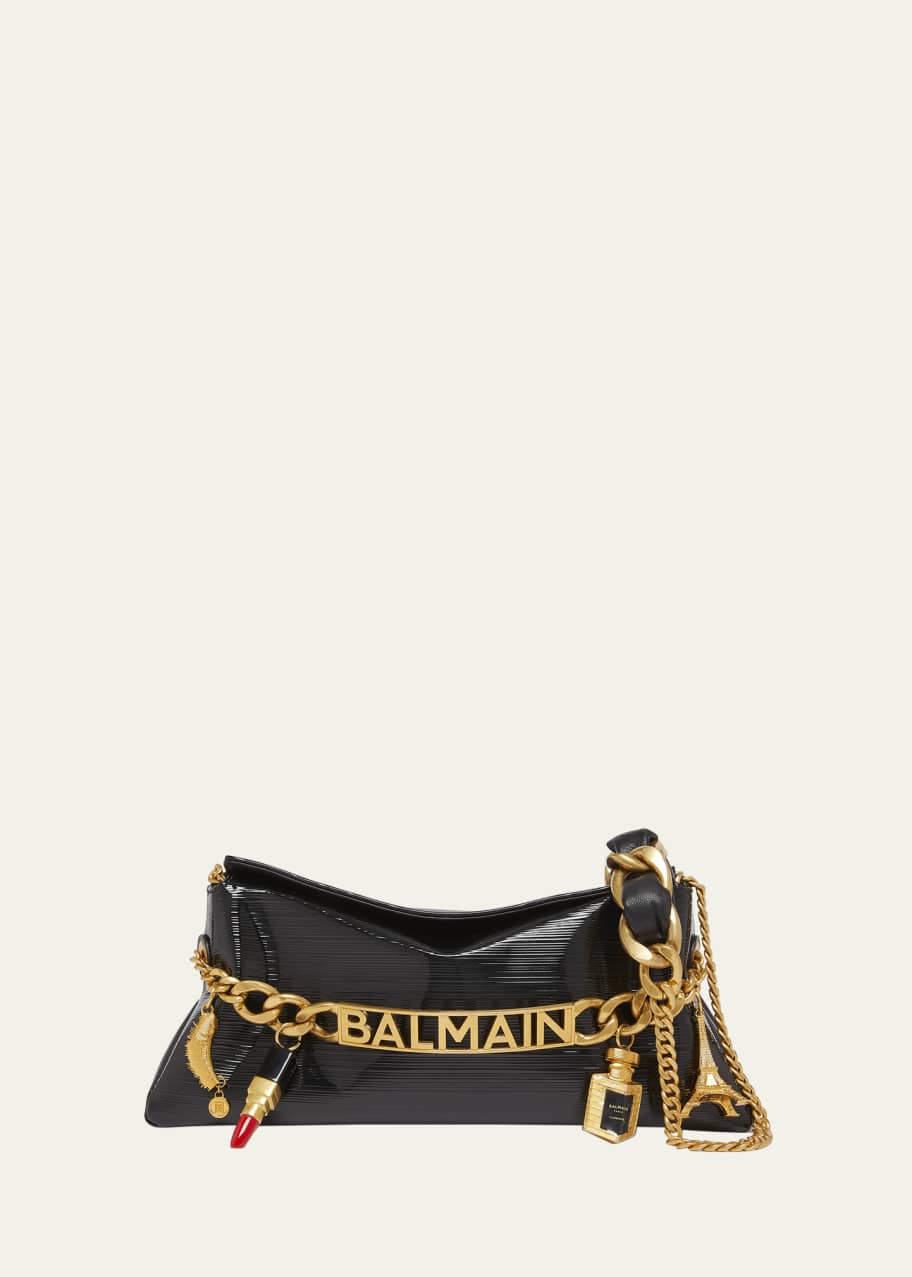 Balmain 1945 Pouch Clutch Bag in Striped Patent Leather with