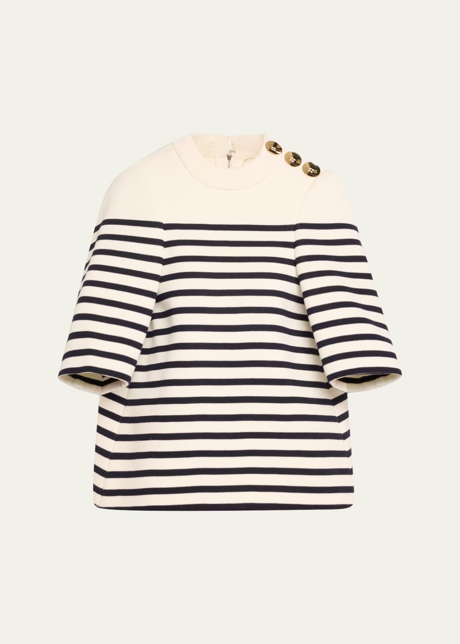 Image 1 of 1: Stripe Buttoned-Shoulder Merino Wool Top