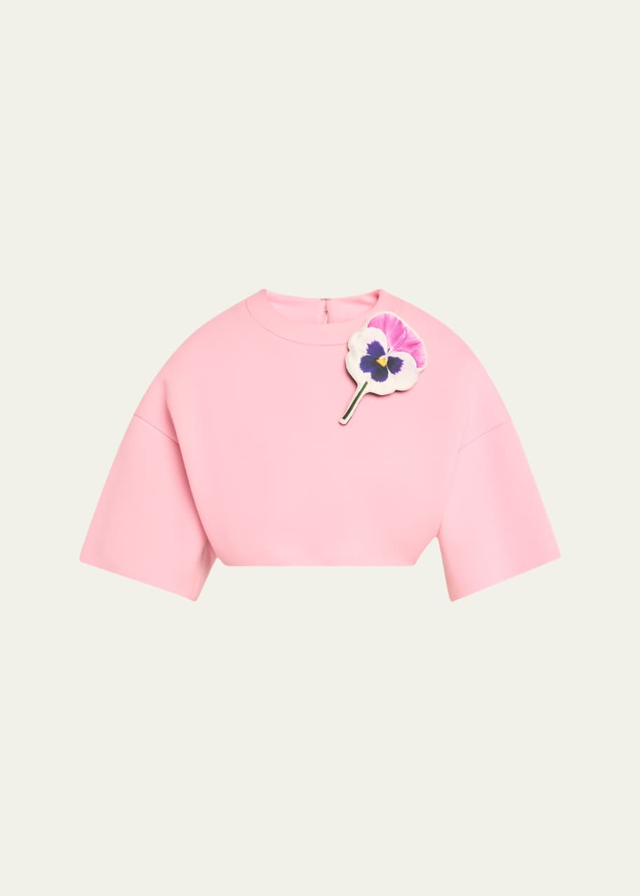 Image 1 of 1: Floral Brooch Three-Quarter Sleeve Cropped Wool Top