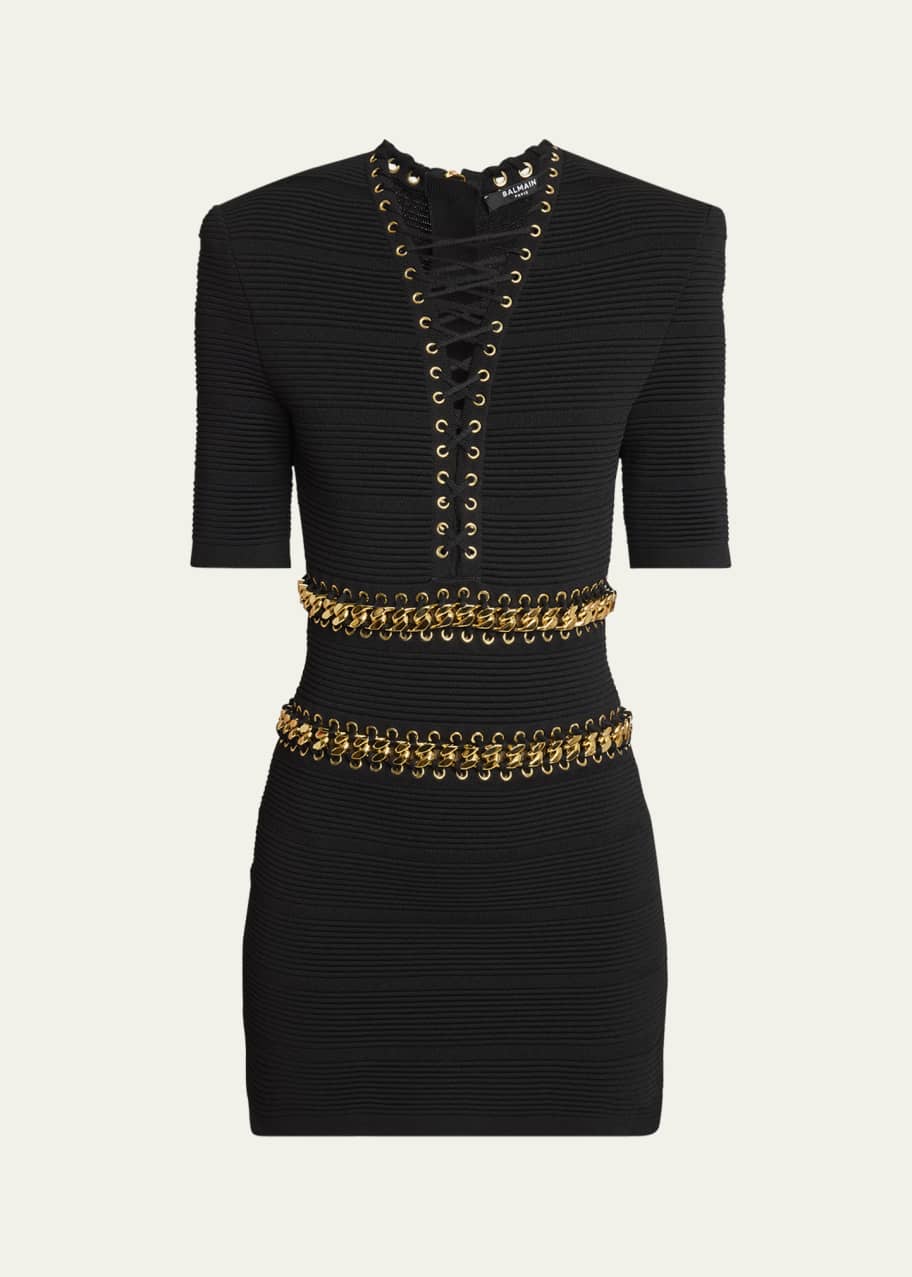 Image 1 of 1: V-Neck Chain Lace-Up Mini Dress