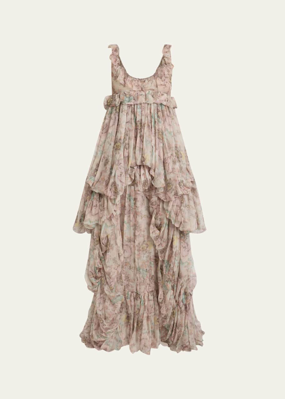 boutique lo floral satin ruffle dip hem dress Chloe Floral Ruffle Tiered High-Low Balloon Babydoll Dress