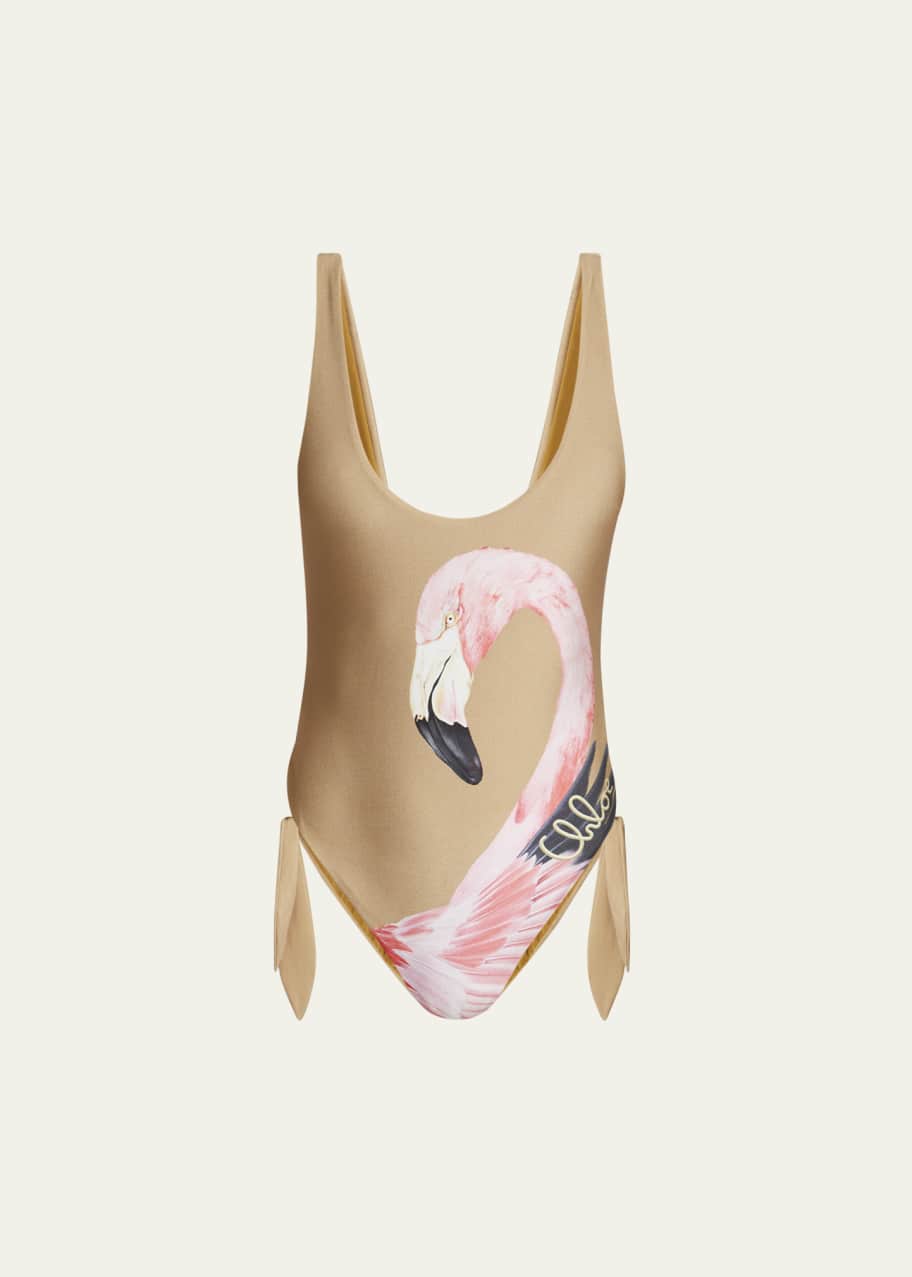 Image 1 of 1: Flamingo Print Cutout One-Piece Swimsuit