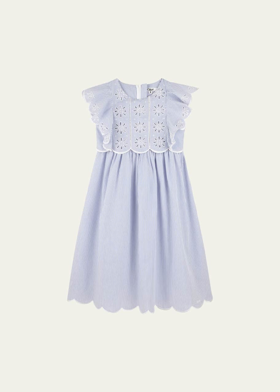 Image 1 of 1: Girl's Pin-Striped Floral Embroidered Dress, Size 8-12