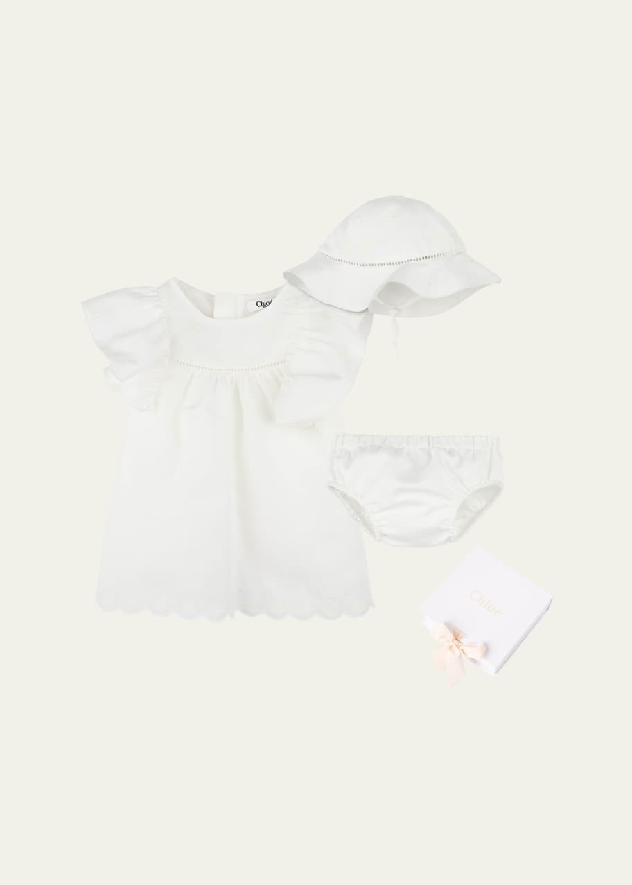Image 1 of 1: Girl's Floral Embroidered Dress W/ Bloomer And Hat, Size Newborn-18M