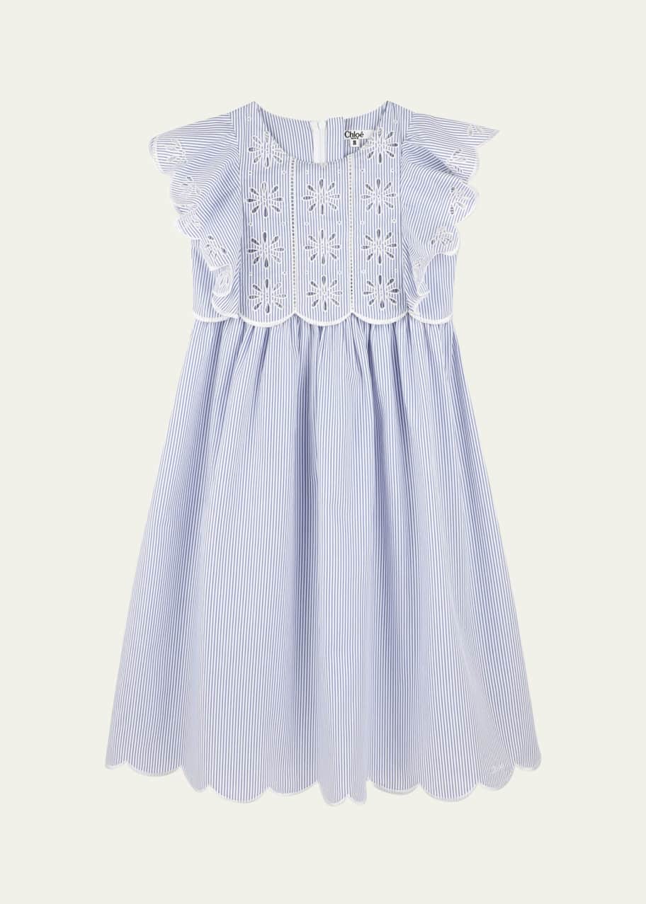 Image 1 of 1: Girl's Pin-Striped Floral Embroidered Dress, Size 4-6