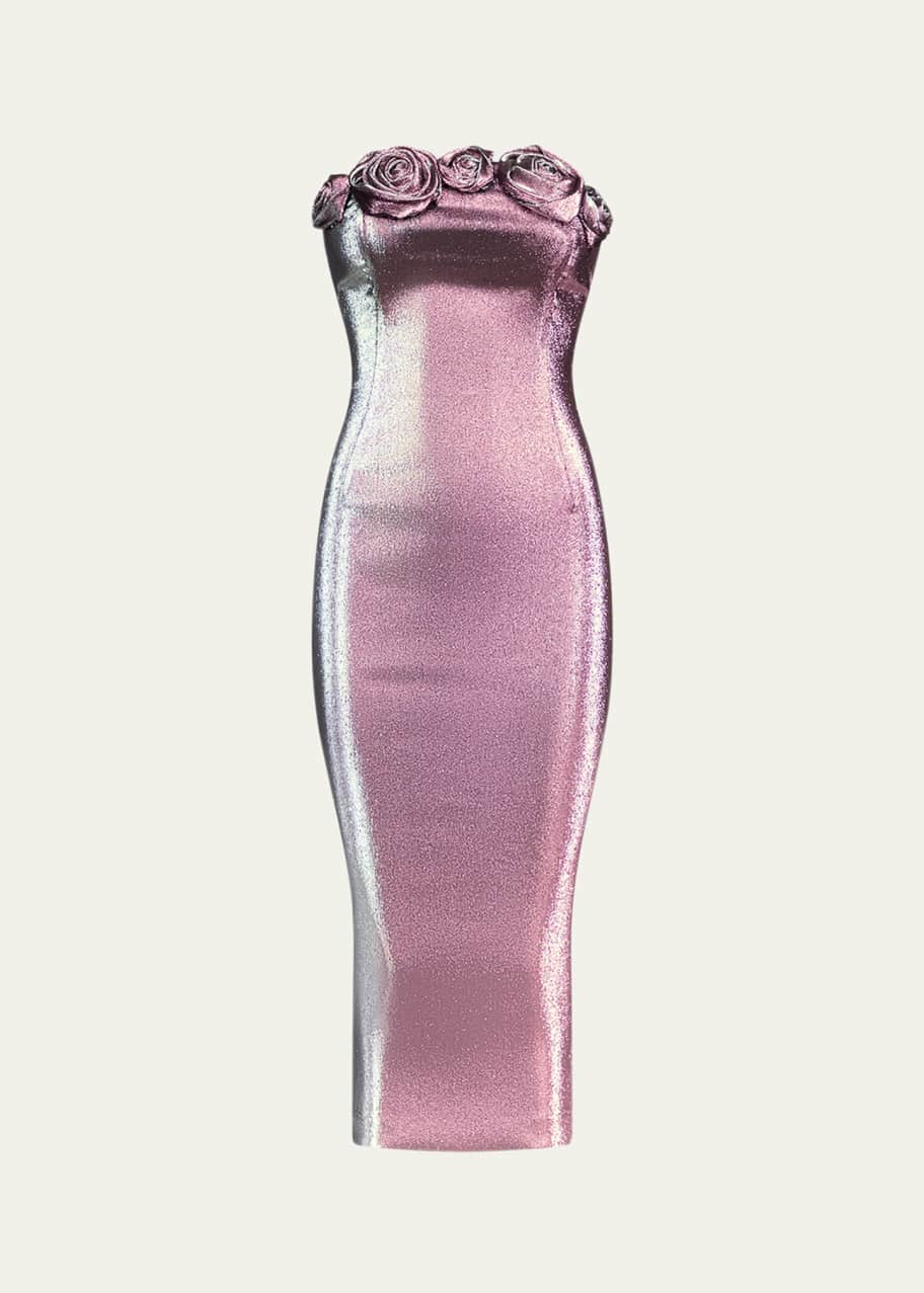 Image 1 of 1: Strapless Lame Rosette Midi Dress