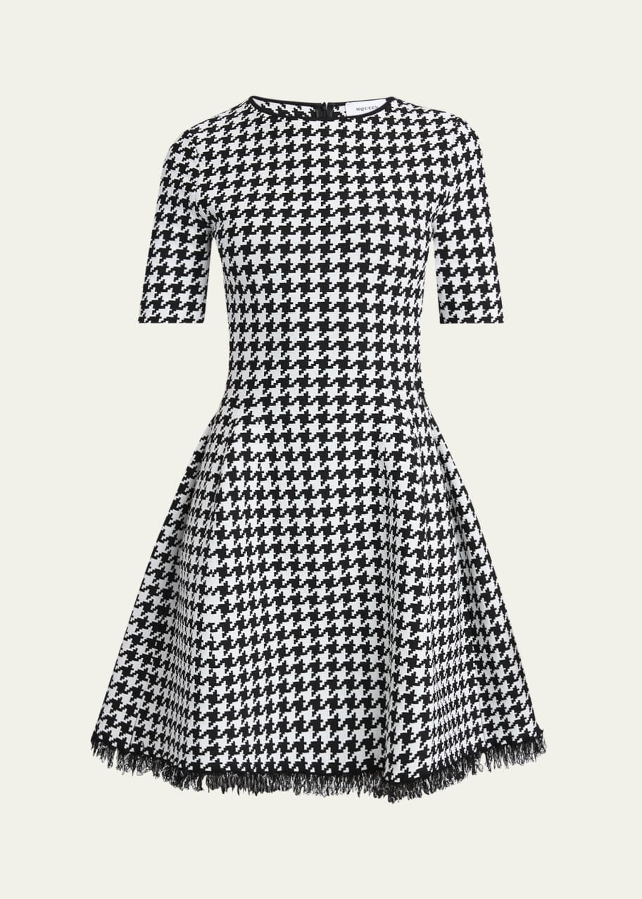 McQueen Houndstooth Fit-Flare Fringe Knit Mini Dress - Bergdorf Goodman