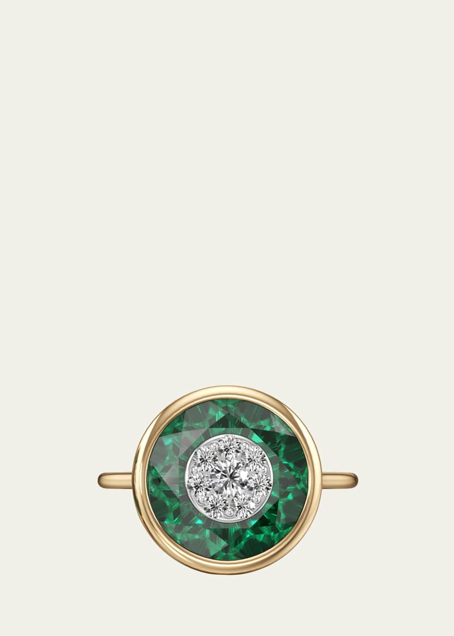 Image 1 of 1: One Collection 10mm Round Fusion Emerald Bezel Ring in 18K Yellow Gold with Diamonds, Size 6.5