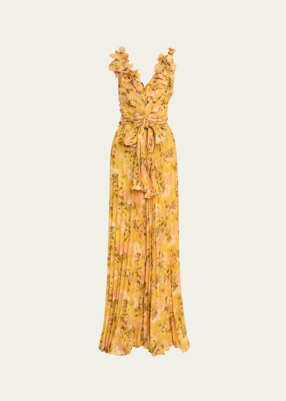Image 1 of 1: Pleated Floral-Print Georgette Jumpsuit