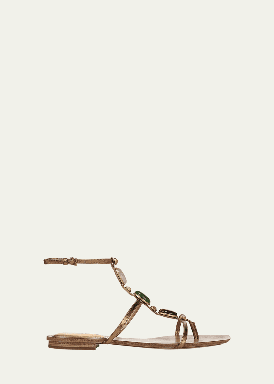 Image 1 of 1: Alba Stone Leather T-Strap Flat Sandals