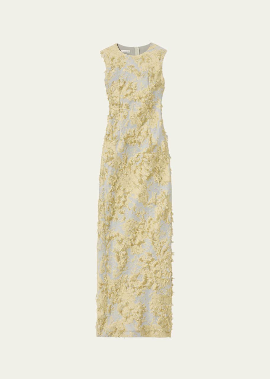 Image 1 of 1: Sleeveless Metallic Fringe Jacquard Gown