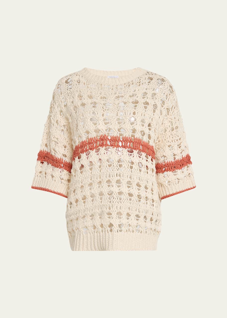 Brunello Cucinelli Stripe Cotton-Jute Open Knit Short-Sleeve