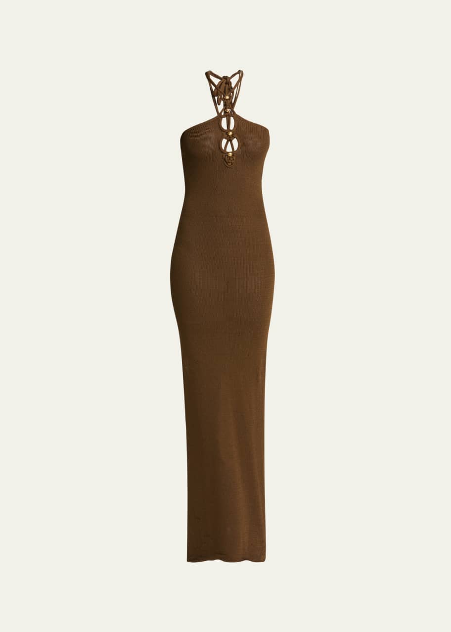 knit spring dresses Orange Halter Neck Open Knit Midi Dress main image 1