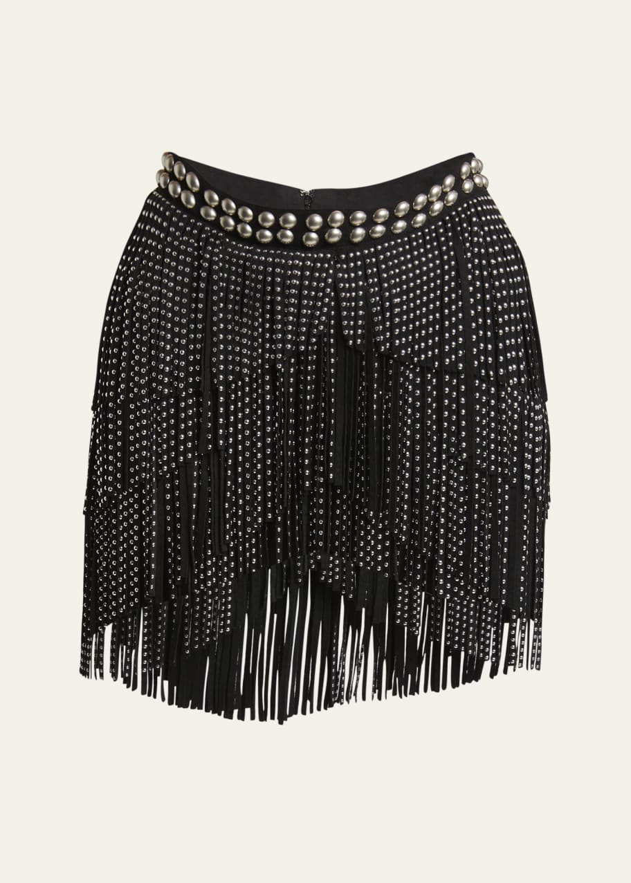 Image 1 of 1: Carmelia Studded Fringe Asymmetric Mini Skirt