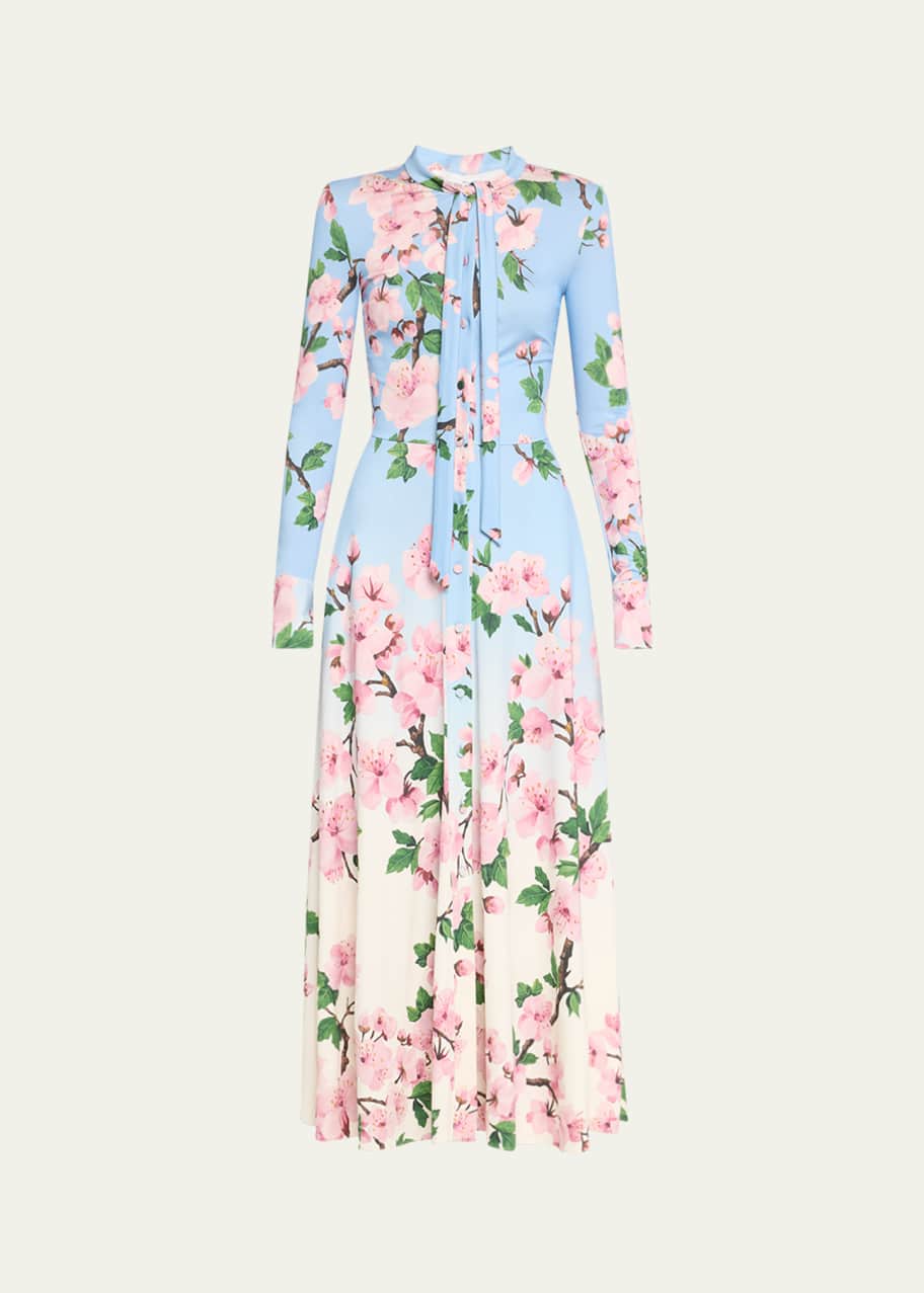 Oscar de la Renta Cherry Blossom Degrade Jersey Long-Sleeve Maxi