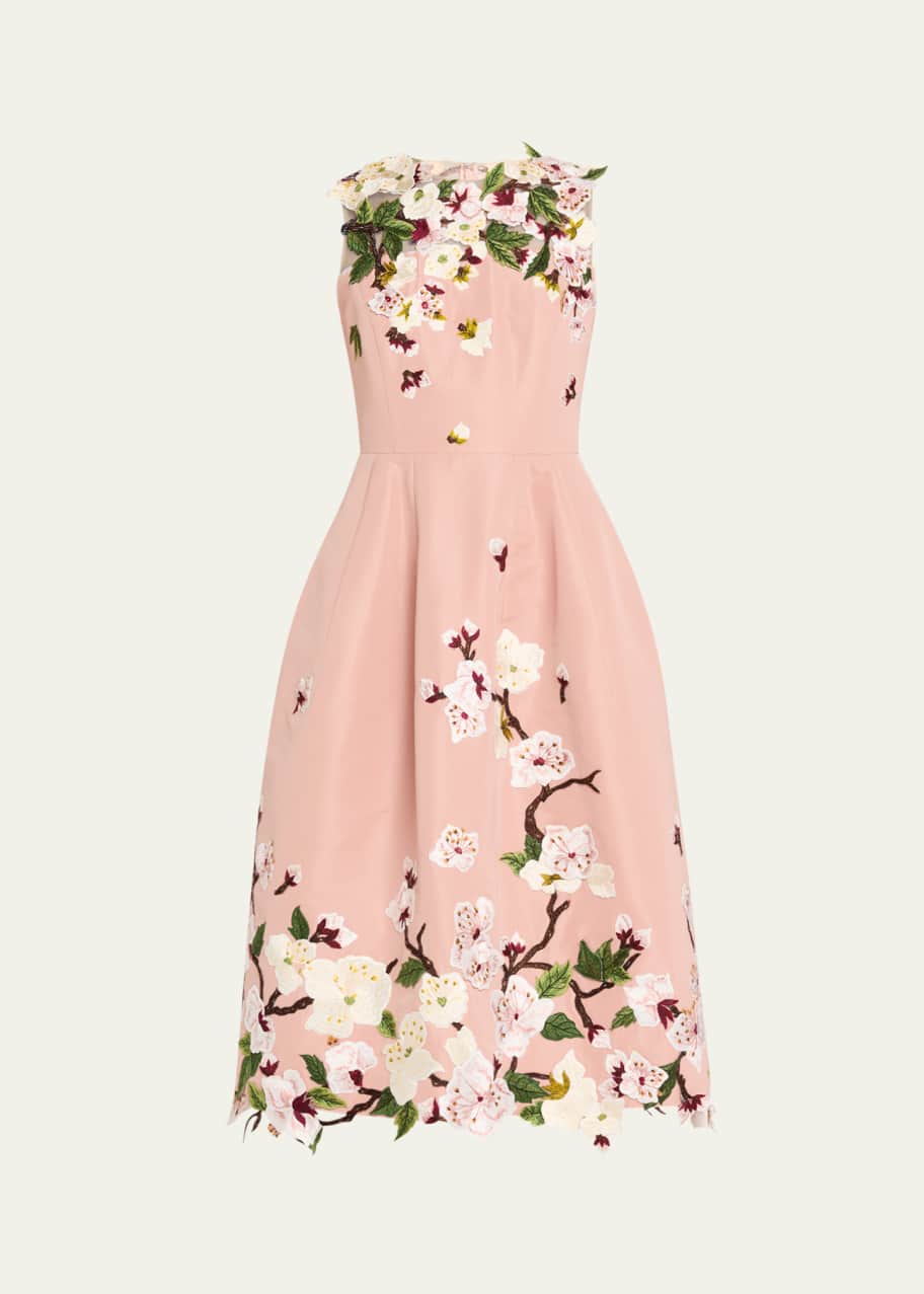Image 1 of 1: Cherry Blossom Embroidered Faille Sleeveless Cocktail Dress