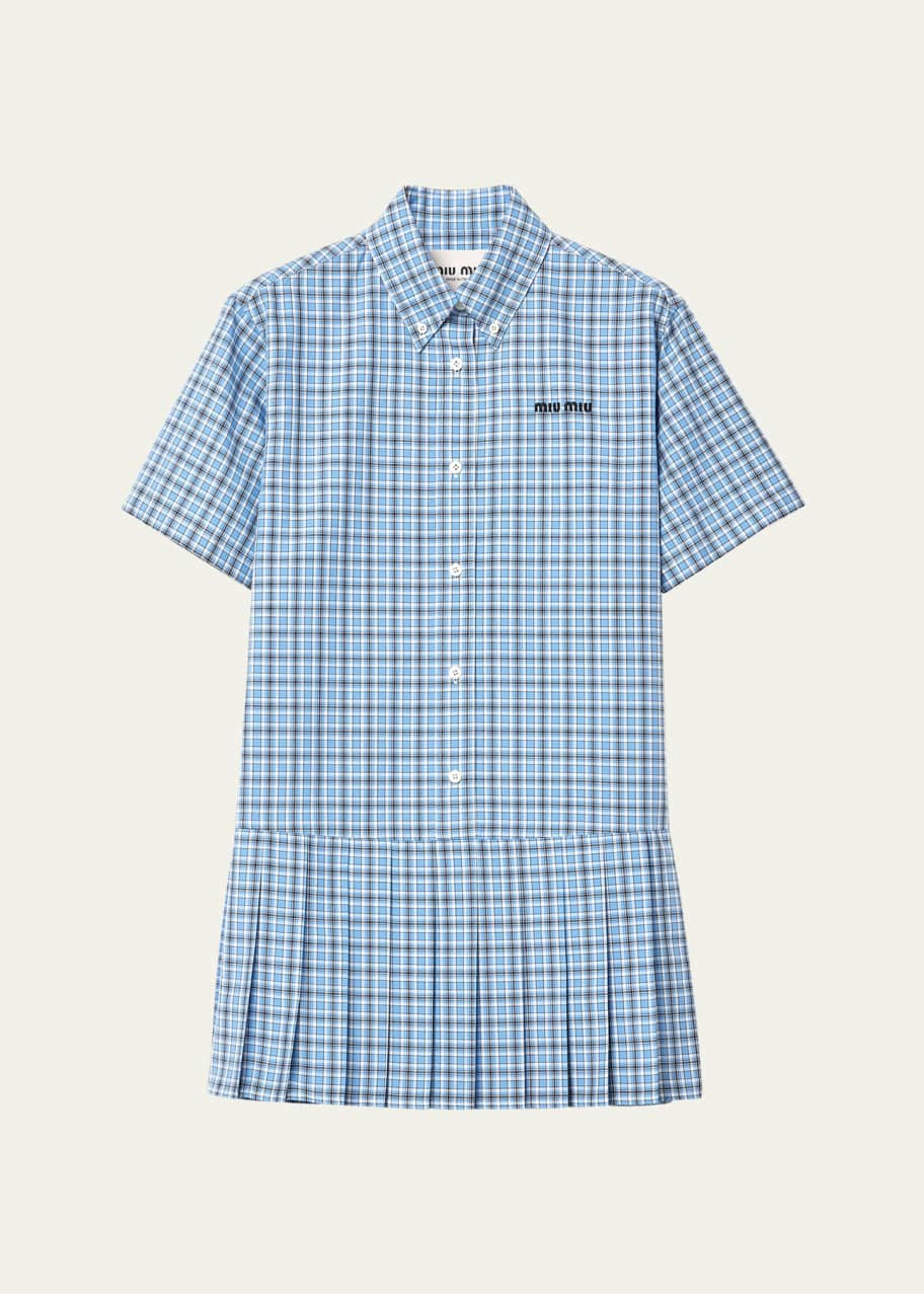 Miu Miu Check Short-Sleeve Pleated Mini Shirtdress - Bergdorf Goodman