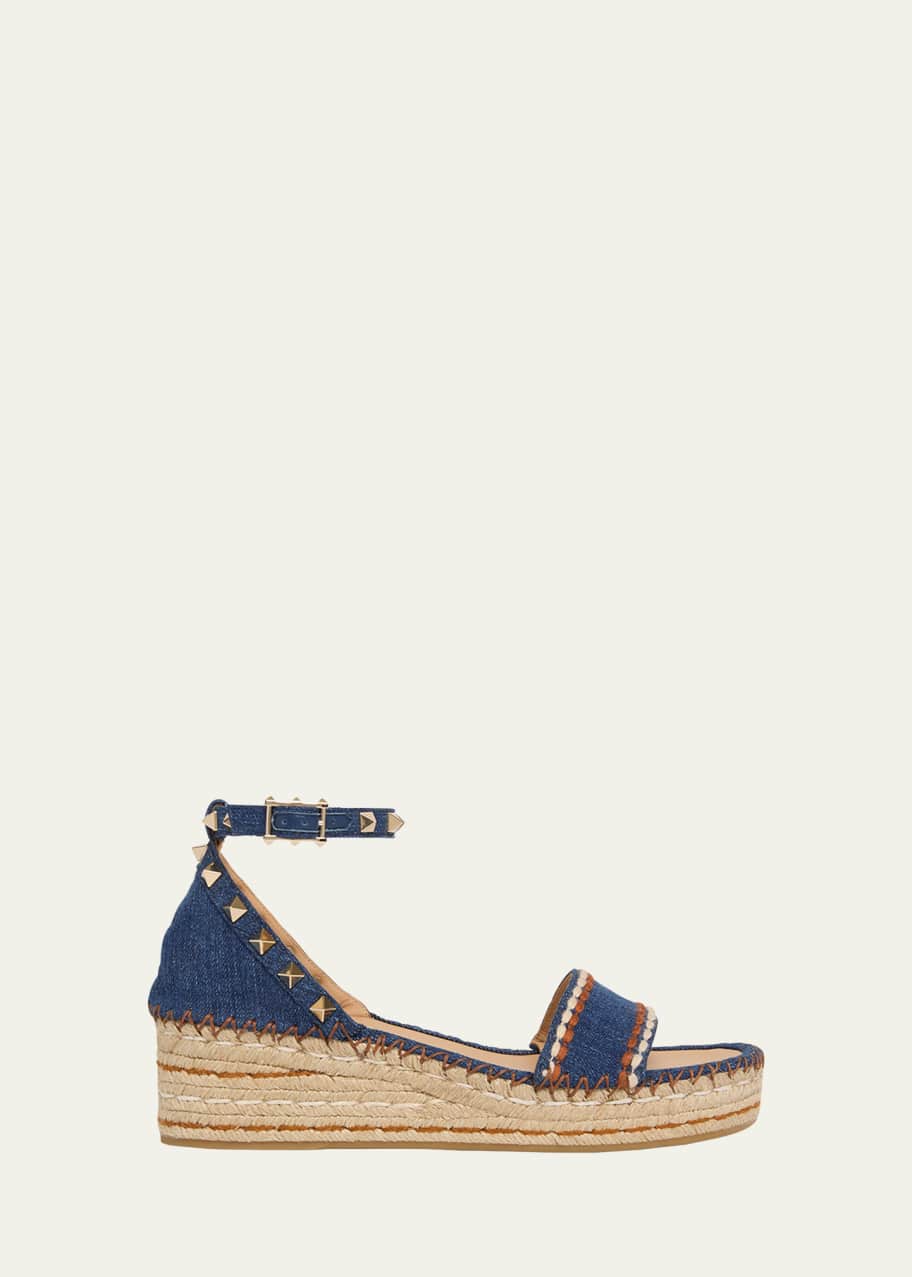 Valentino Garavani 55mm Rockstud Denim Wedge Espadrille Sandals