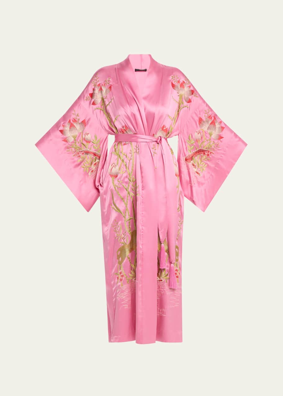 Image 1 of 1: Lotus Couture Embroidered Silk Charmeuse Robe