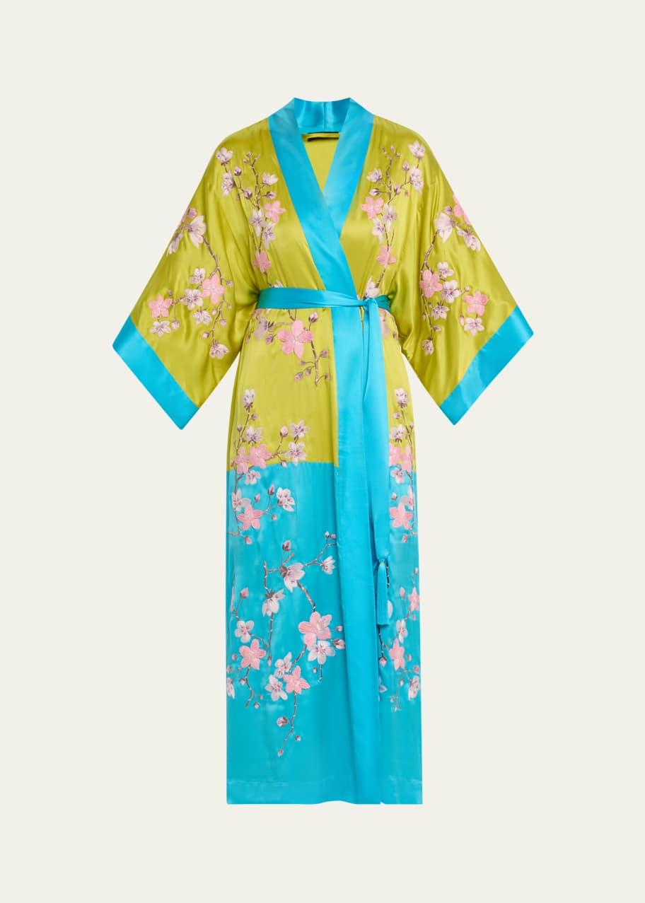Image 1 of 1: Sakura Couture Embroidered Colorblock Silk Robe