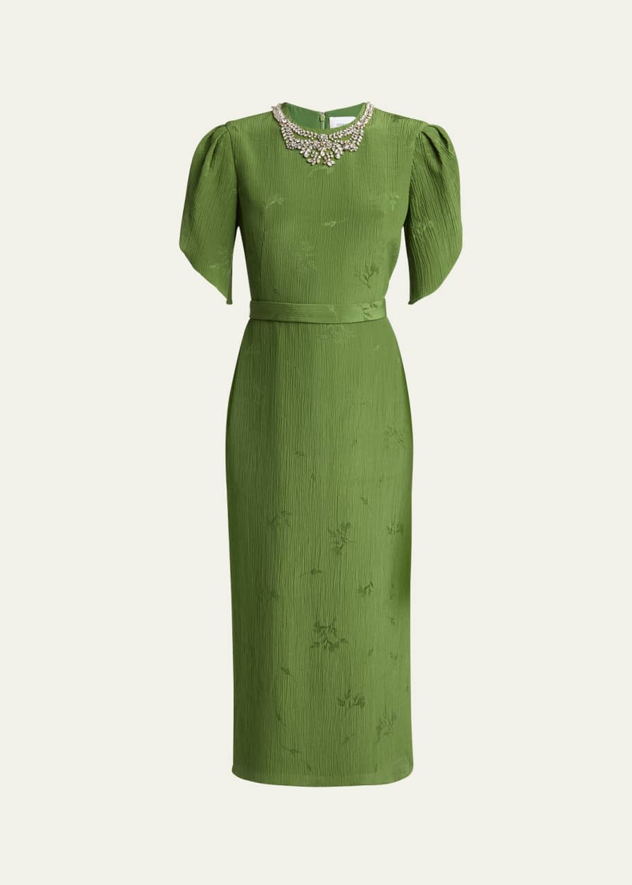Image 1 of 1: Crystal Necklace Floral Embroidered Short Sleeve Cocktail Dress