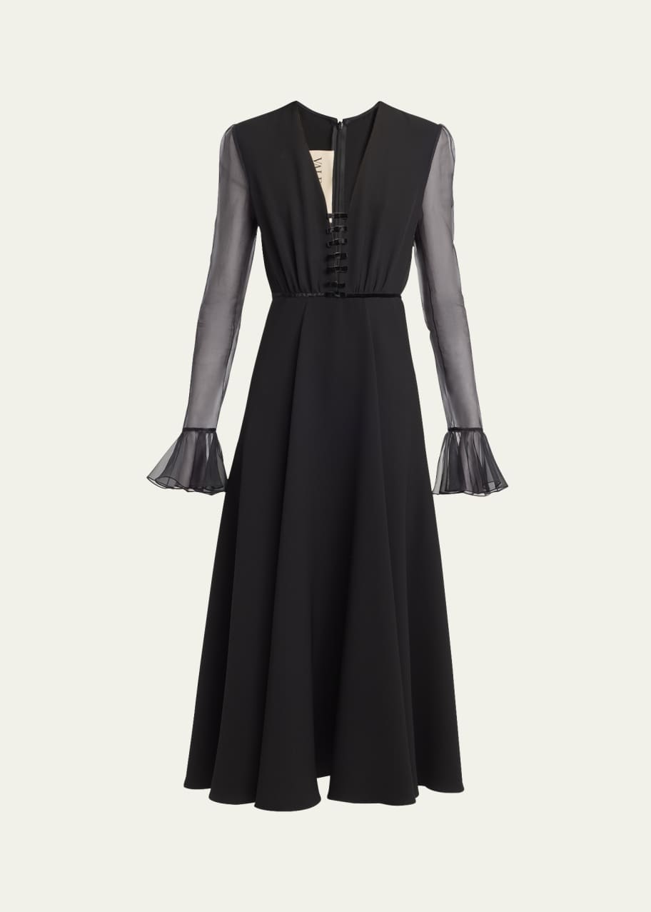 Image 1 of 1: Bow-Embellished Illusion Silk Midi Dress