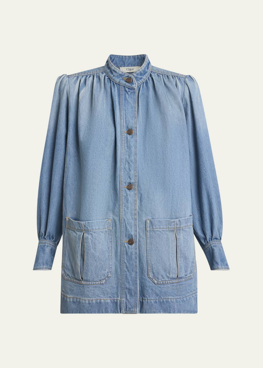Image 1 of 1: Long High Neck Gathered Denim Jacket