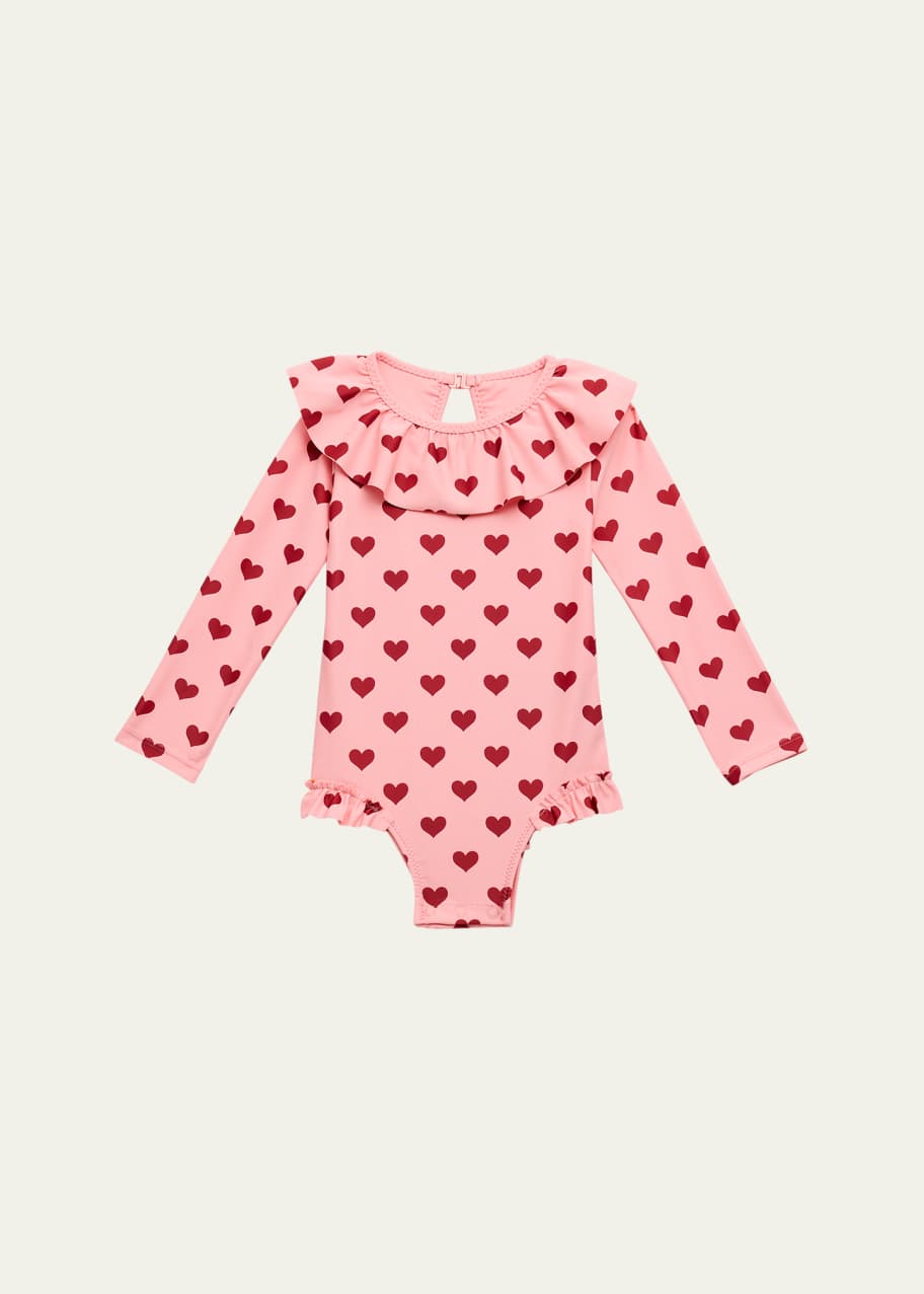 Image 1 of 1: Girl's Manuca Heart Long-Sleeve One-Piece Swimsuit, Size 9M-6