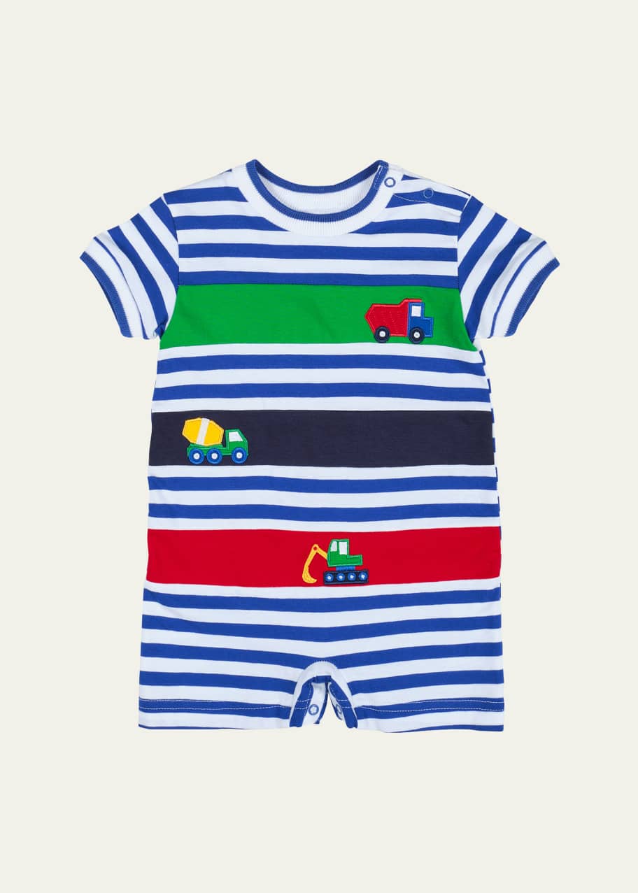 Image 1 of 1: Boy's Striped Shortall W/ Trucks, Size 3M-18M