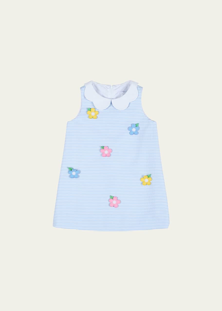 Image 1 of 1: Girl's Striped Dress W/ Floral Appliques, Size 12M-18M