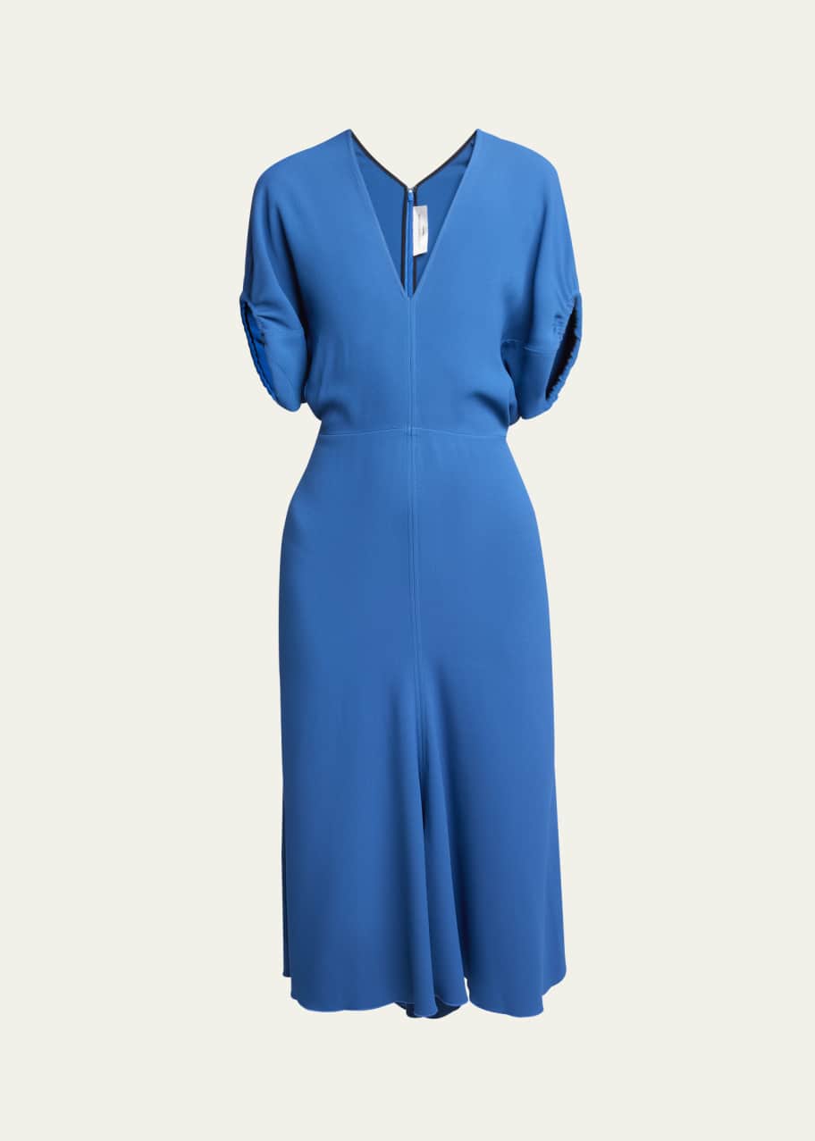 オールインワン・サロペット Victoria Beckham V-Neck Blouson Midi Dress Blouson Detail Midi Dress In Macadamia | Designer Dresses