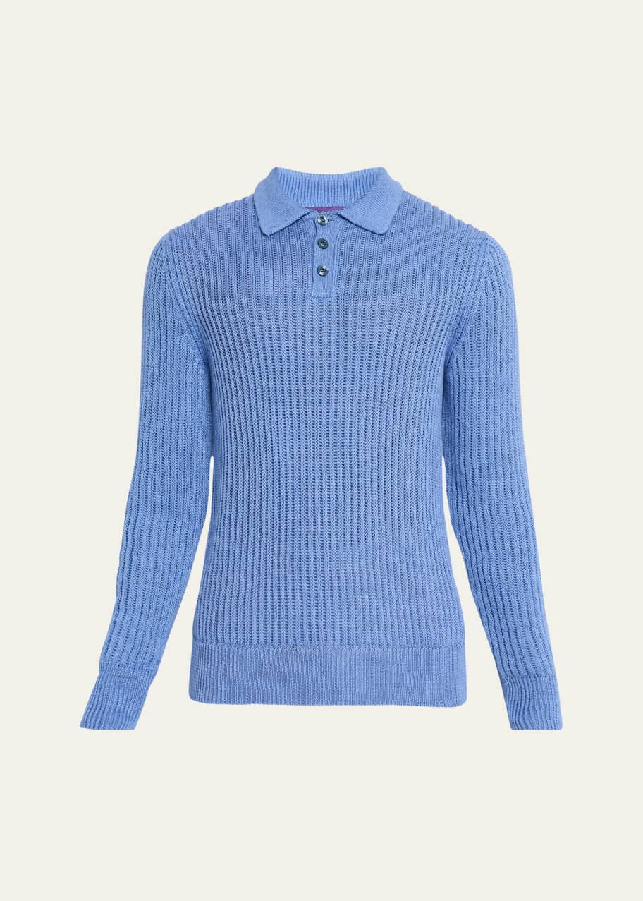 Image 1 of 1: Men's Linen-Silk Long-Sleeve Polo Sweater