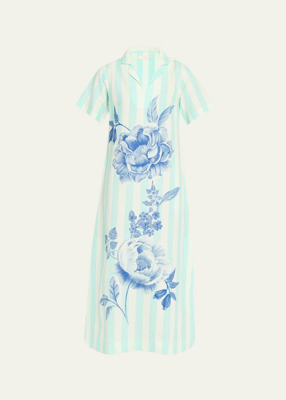 Image 1 of 1: Peonies and Stripe Midi Shirtdress