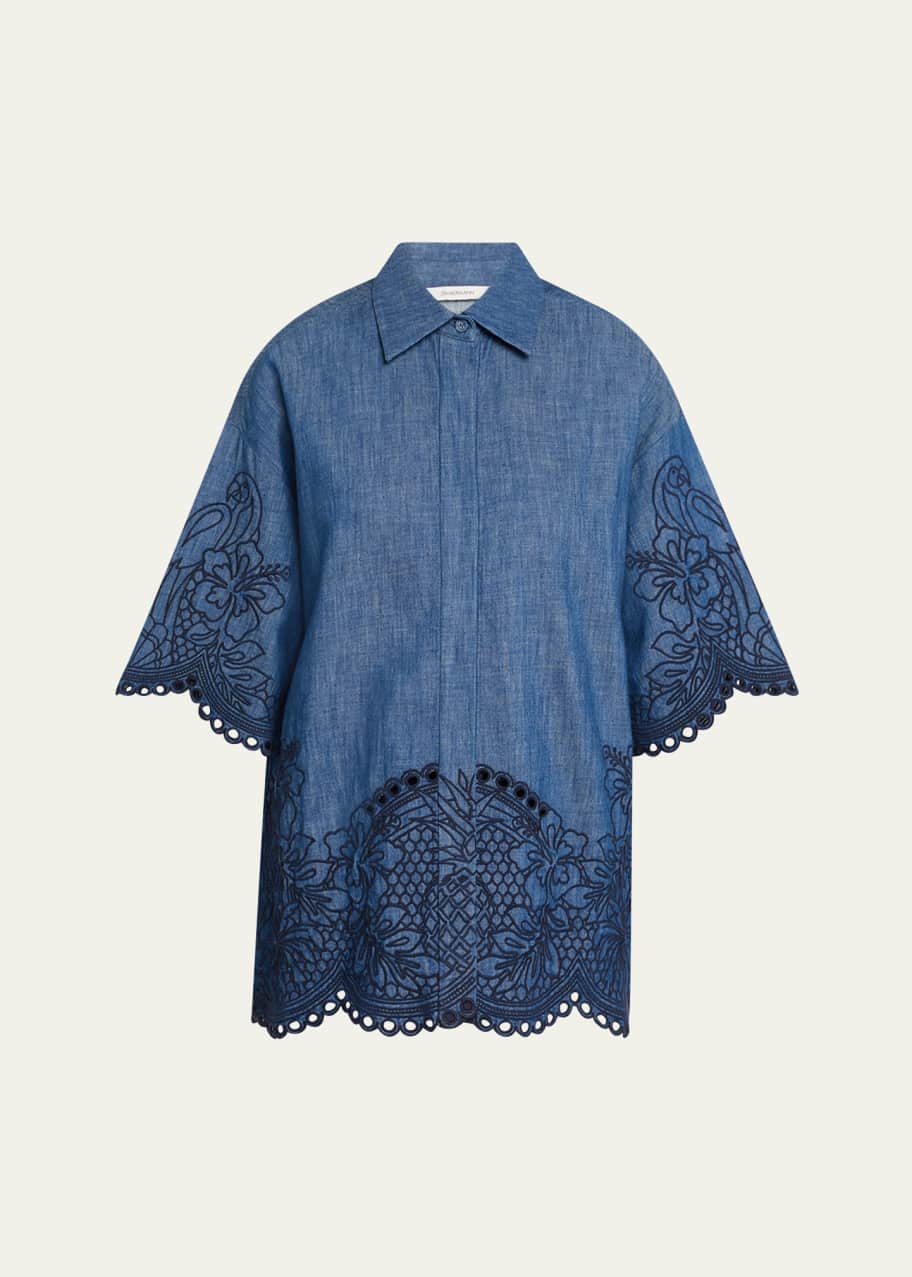 zimmermann coco embroidered denim dress Zimmermann Blue Denim Embroidered Coco Maxi Dress