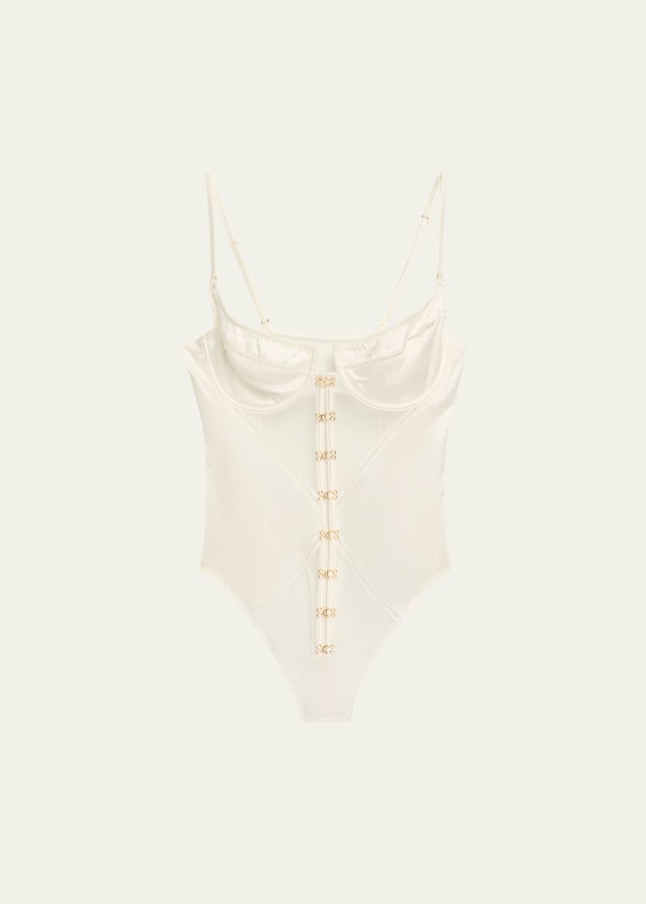 Image 1 of 1: Temptress Silk Charmeuse & Tulle Thong Bodysuit