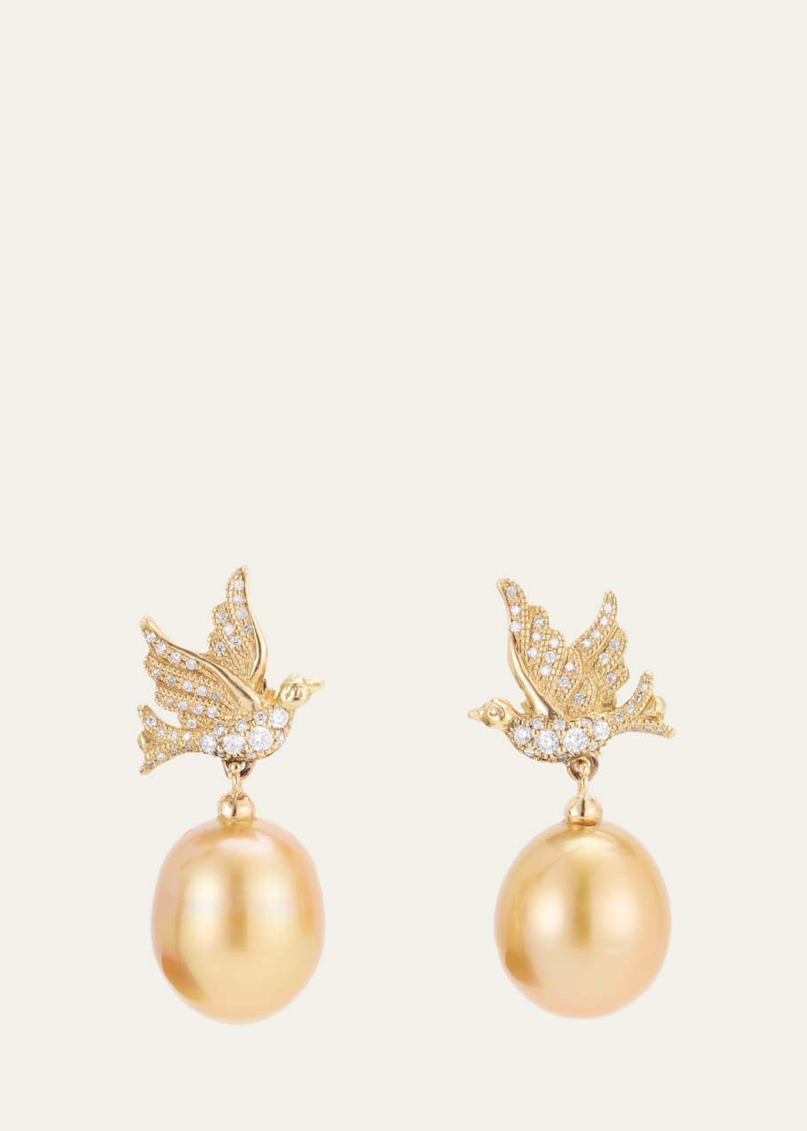 Image 1 of 1: 18K Yellow Gold Love Birds Pearl Drop Earrings with Diamonds
