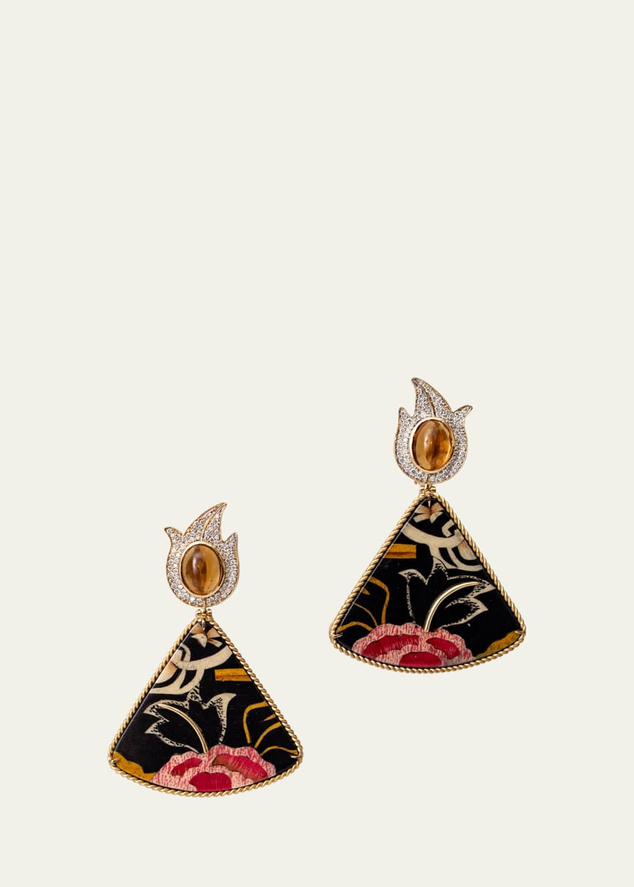 Image 1 of 1: 18K Triangular Marquetry Earrings with Tibetan Rose Print, Diamonds and Citrine