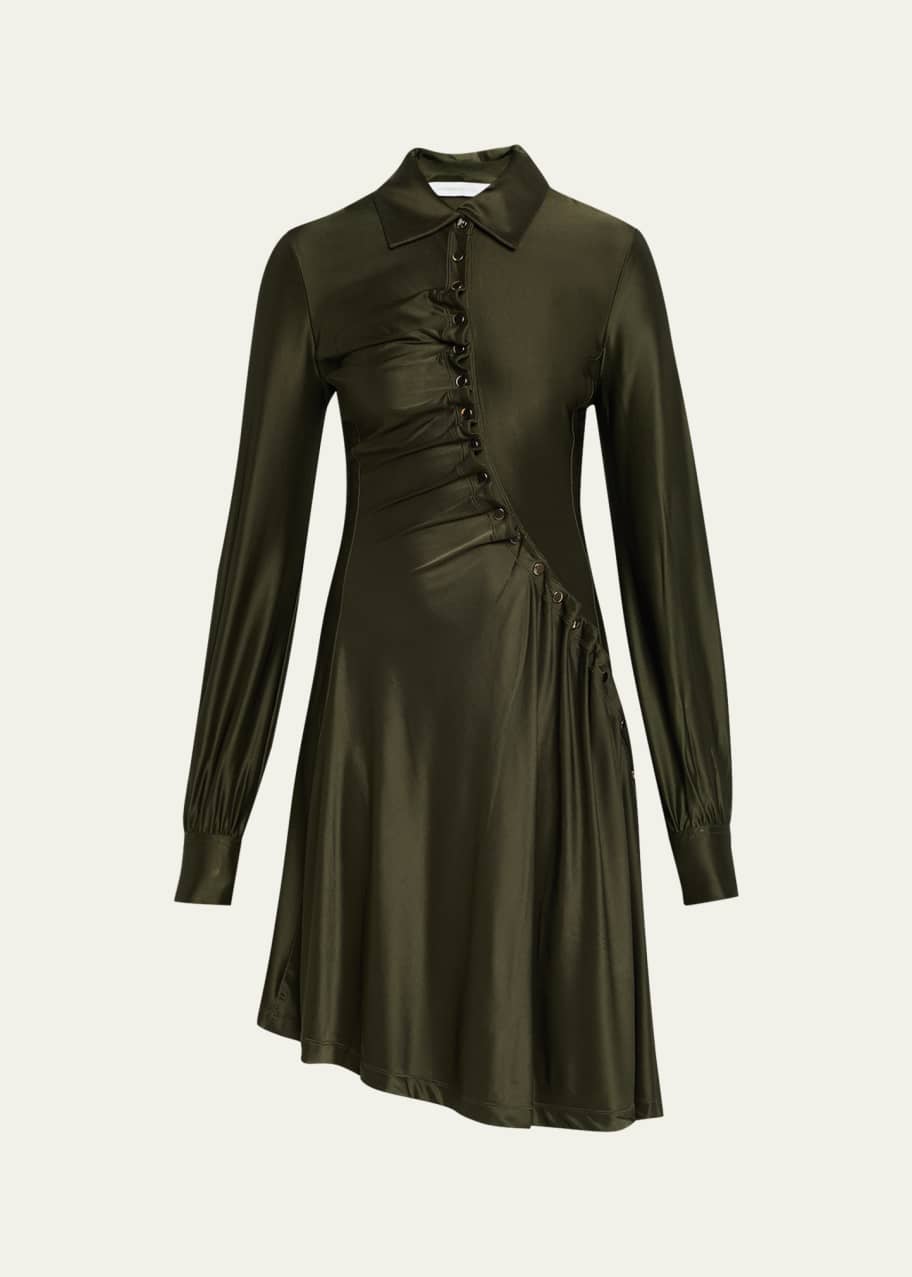 green ruched button dress Wholesale MOQ6 Ruched Button Up Collared Neck Long Sleeve Shirt Dress main image 1