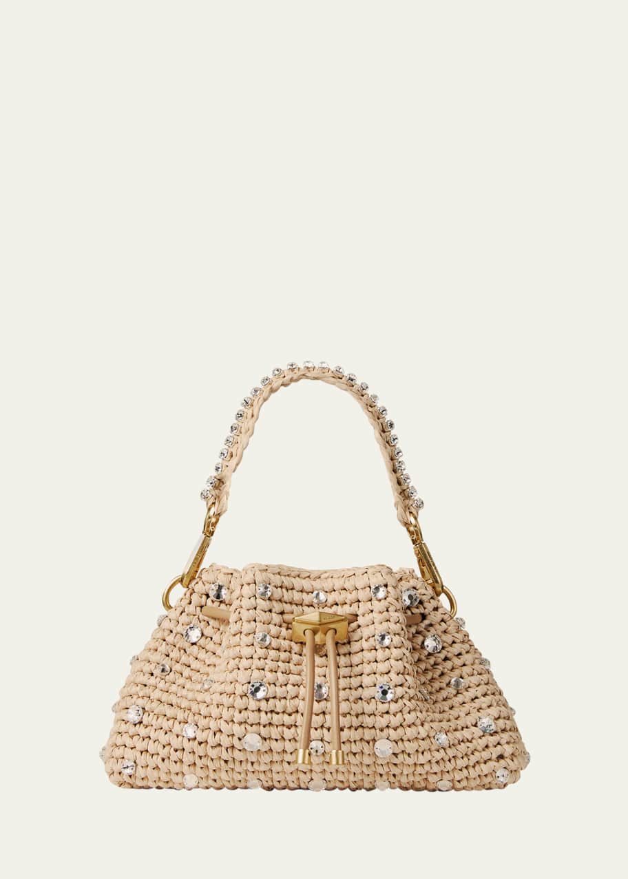 Jimmy Choo Cinch Small Crystal-Embellished Raffia Drawstring Top