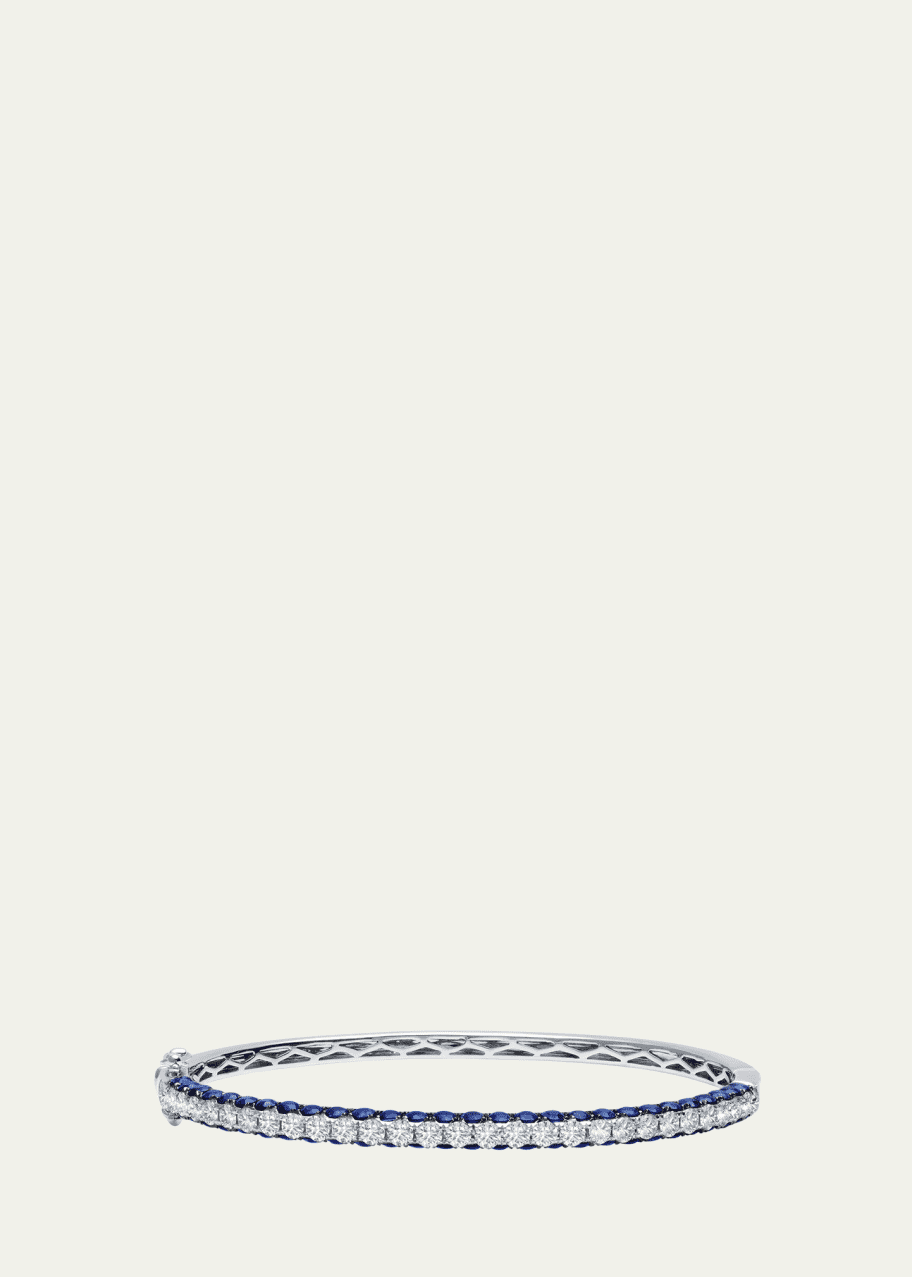 Image 1 of 1: 18K White Gold 3-Sided Diamond and Blue Sapphire Bangle Bracelet