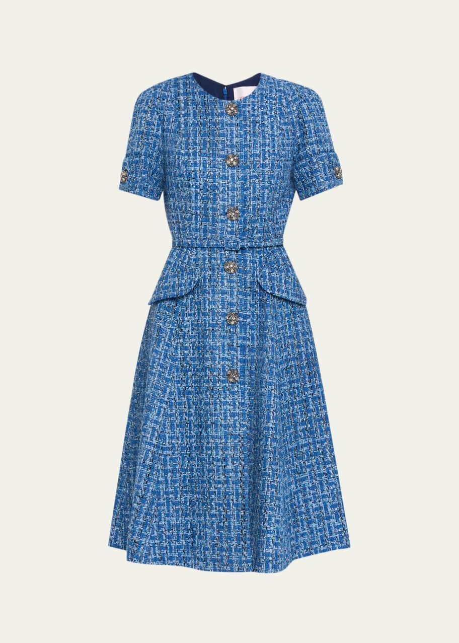 Carolina Herrera Crystal Button-Front Tweed Midi Dress With Belt - Bergdorf  Goodman