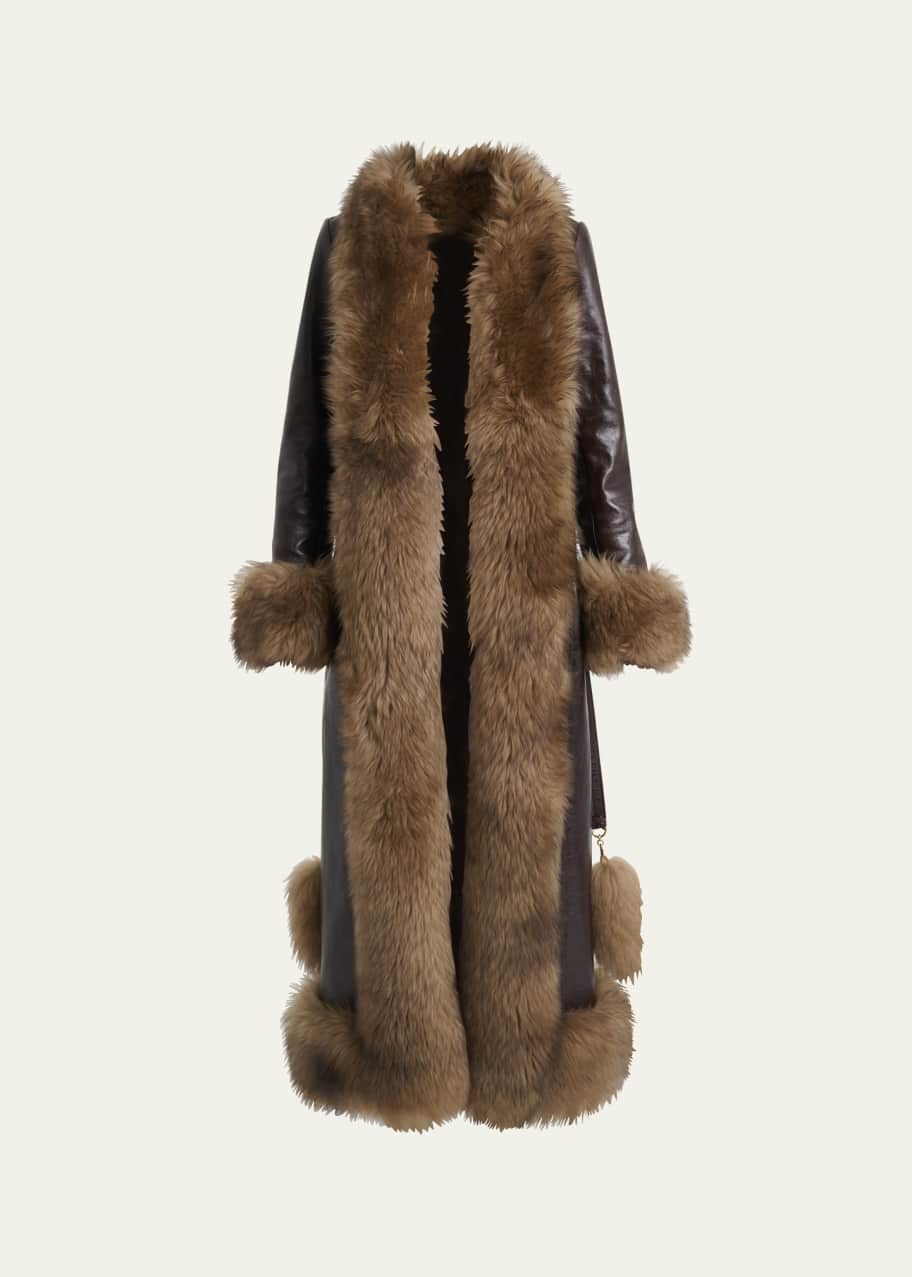 Chloe Lamb Shearling-Trim Shiny Leather Long Coat - Bergdorf Goodman